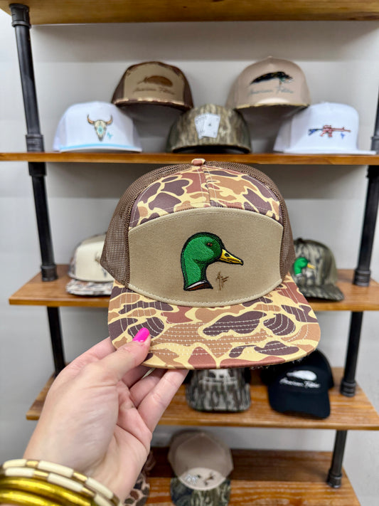 American Fetcher Mallard Duck Head-7 Panel Duck Camo Hat