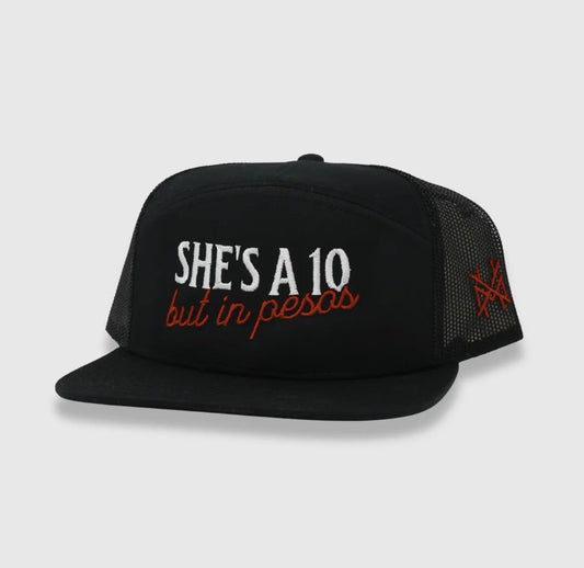 Mad Hatter She’s a 10 but in Pesos 7 Panel Hat