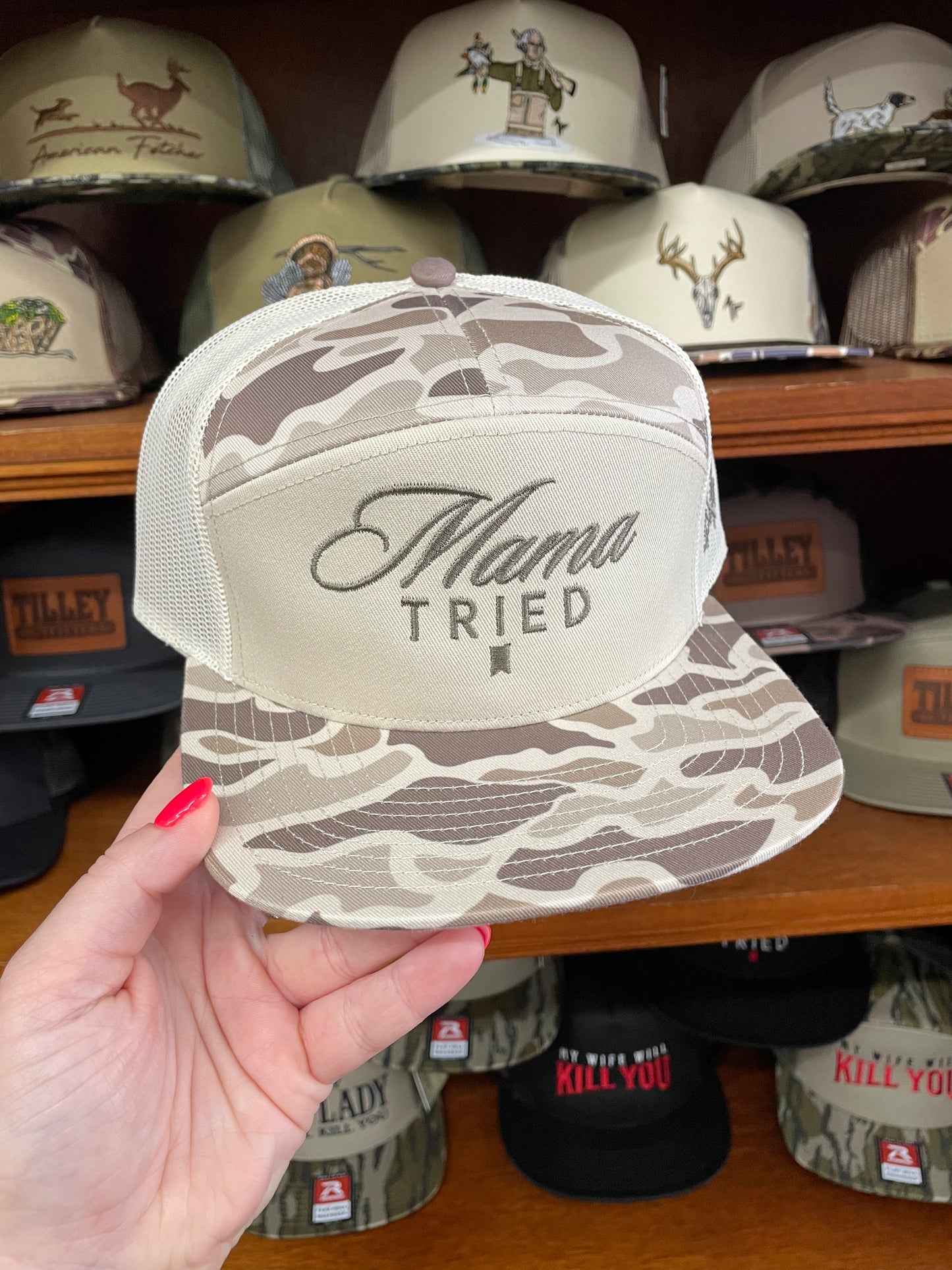 Mad Hatter Mama Tired 7 Panel Field Camo Hat